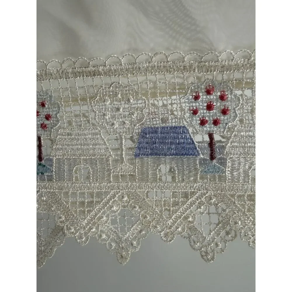 Cottage Village Lace Sheer Rod Pocket Window Valance Cream Blue Red 60x14